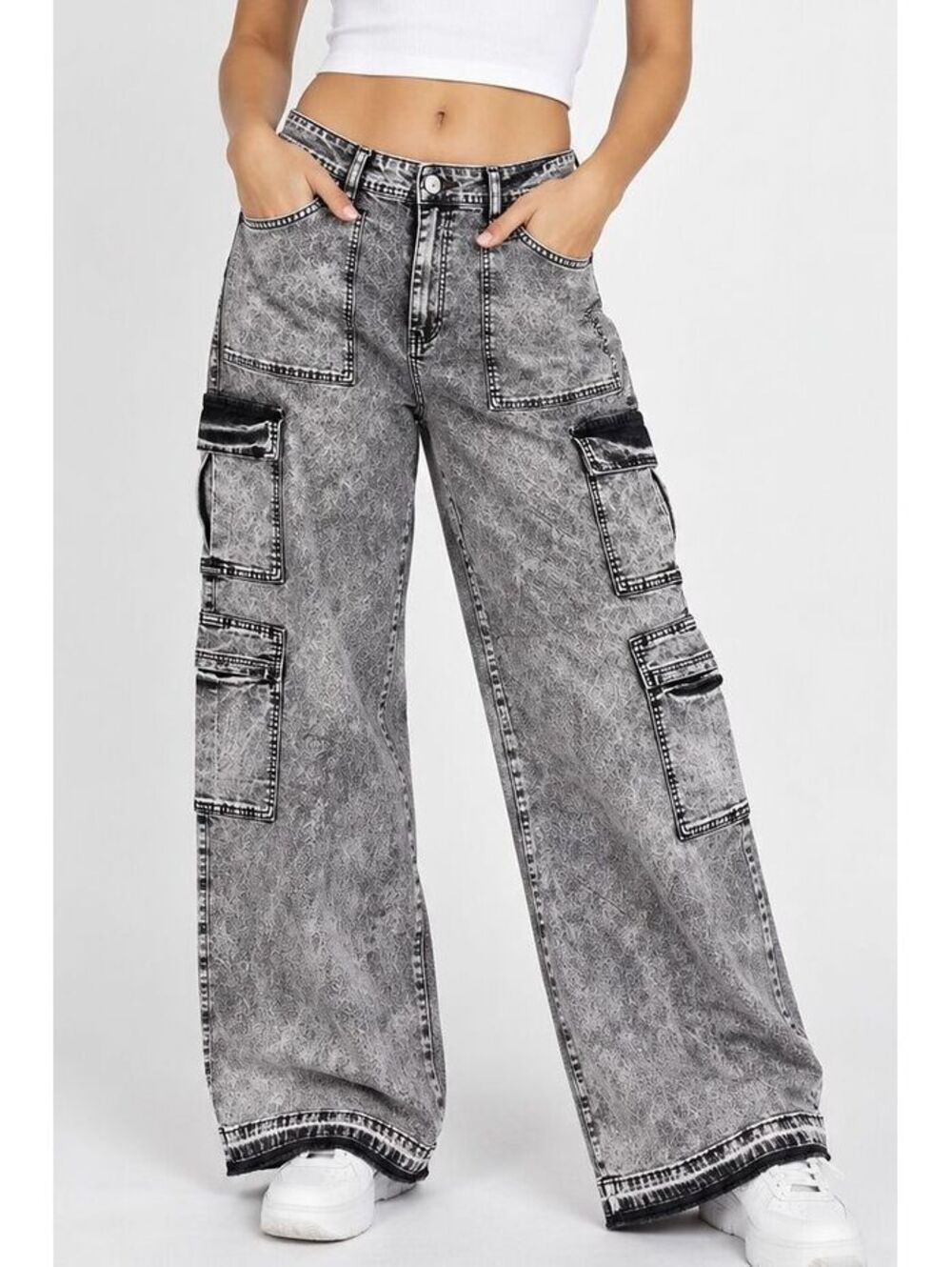 V.I.P. Jeans Size 24 Gray Acid Wash Cargo Jeans Wide Leg Y2K Utility Grunge NWT